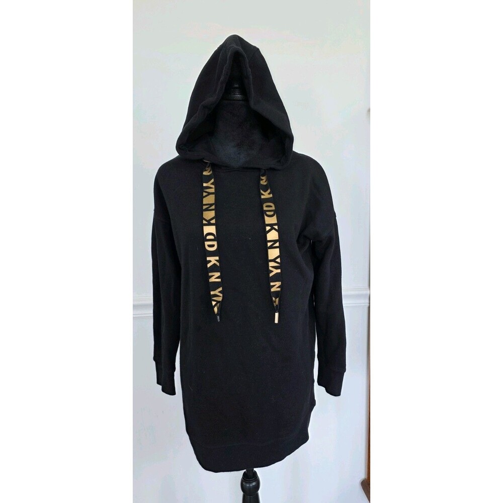 DKNY Sport Black Hoodie Dress XS Long Sweatshirt Gold Logo Drawstrings